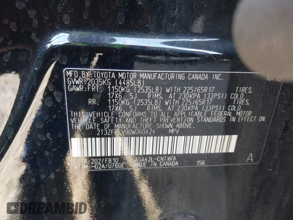 2013 Toyota RAV4 LE with VIN 2T3ZFREV9DW060424, listed as a IAAI auction lot 41721107 with 107,132 mi miles. Bid and sale history available at carsss.com. Image 9.