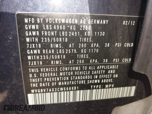 2012 Volkswagen Tiguan S with VIN WVGBV7AX2CW566981, listed as a IAAI auction lot 42069748 with 153,613 mi miles and . Bid and sale history available at DreamBid. Image 9.