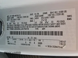 2020 Ford Escape SE with VIN 1FMCU9G69LUA79418, listed as a Copart auction lot 56177155 with 105,394 mi miles and Clean title. Bid and sale history available at DreamBid. Image 13.