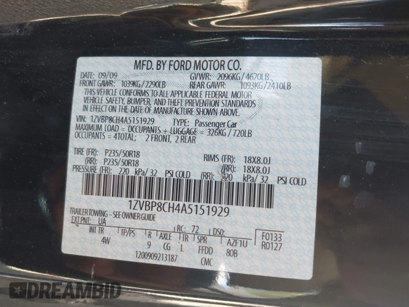 2010 Ford Mustang GT with VIN 1ZVBP8CH4A5151929, listed as a IAAI auction lot 42004668 with 219,043 mi miles. Bid and sale history available at carsss.com. Image 9.