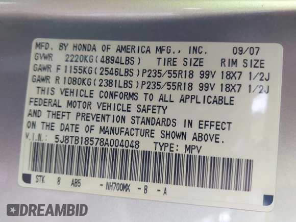 2008 Acura RDX Technology z VIN 5J8TB18578A004048, wystawiony jako IAAI lot #42168625 z przebiegiem 164 521 mil mil oraz . Historia ofert i sprzedaży dostępna na DreamBid. Obrazek 9.