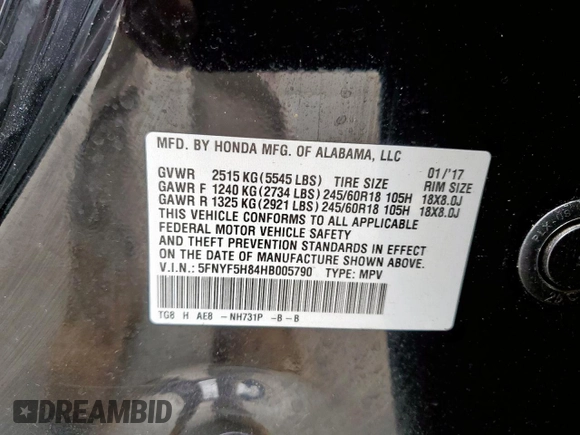 2017 Honda Pilot EX-L with VIN 5FNYF5H84HB005790, listed as a Copart auction lot 51681175 with 91,937 mi miles and Salvage title. Bid and sale history available at DreamBid. Image 14.