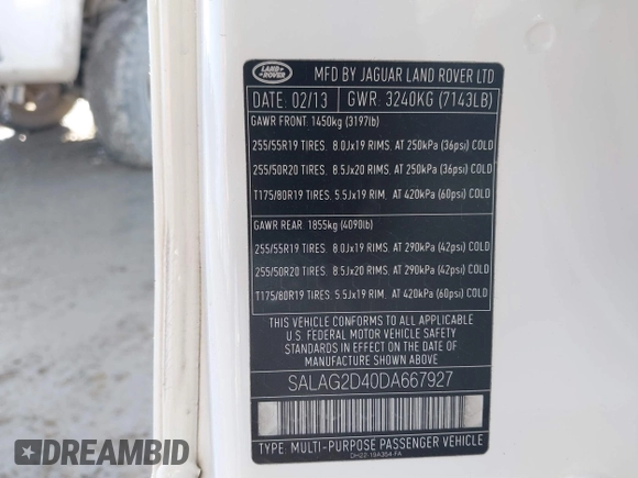 2013 Land Rover LR4 HSE with VIN SALAG2D40DA667927, listed as a IAAI auction lot 41759627 with 181,666 mi miles and . Bid and sale history available at DreamBid. Image 9.