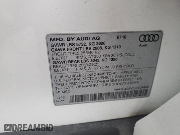 2018 Audi SQ5 Prestige with VIN WA1C4AFY3J2224433, listed as a Copart auction lot 50396395 with 68,916 mi miles and Salvage Title. Bid and sale history available at carsss.com. Image 13.