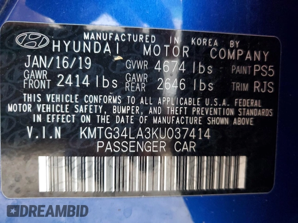 2019 Genesis G70 Advanced with VIN KMTG34LA3KU037414, listed as a Copart auction lot 81812584 with 63,807 mi miles and Salvage Title. Bid and sale history available at DreamBid. Image 12.