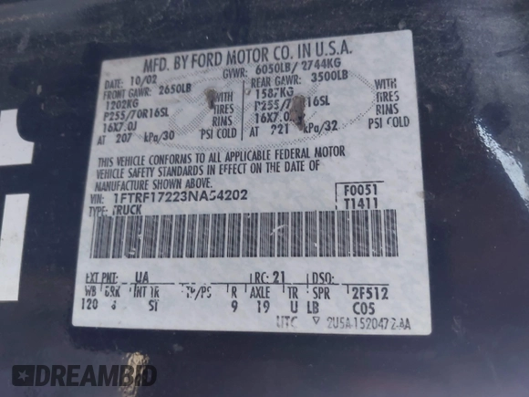 2003 Ford F-150 XL with VIN 1FTRF17223NA54202, listed as a IAAI auction lot 41535299 with Not Provided miles and . Bid and sale history available at DreamBid. Image 9.