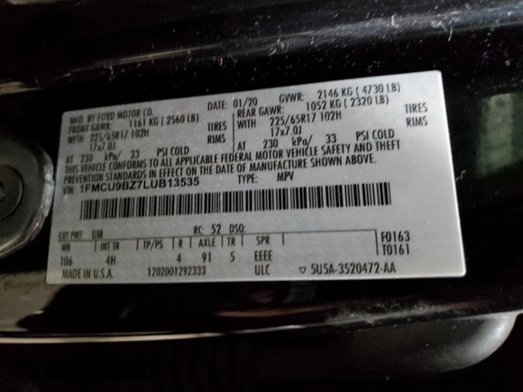 2020 Ford Escape SE Sport Hybrid with VIN 1FMCU9BZ7LUB13535, listed as a Copart auction lot 50918645 with 106,097 mi miles and Salvage Title. Bid and sale history available at DreamBid. Image 14.
