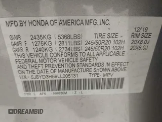 2020 Acura MDX Technology with VIN 5J8YD3H59LL005131, listed as a IAAI auction lot 41916686 with 80,126 mi miles and . Bid and sale history available at DreamBid. Image 9.