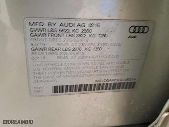 2015 Audi Q5 Premium Plus with VIN WA1DGAFP3FA105314, listed as a Copart auction lot 45845695 with 126,108 mi miles and Salvage Title. Bid and sale history available at carsss.com. Image 13.