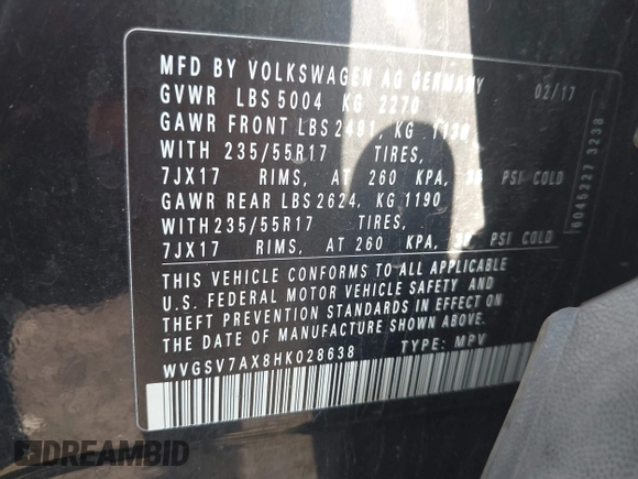2017 Volkswagen Tiguan Wolfsburg Edition with VIN WVGSV7AX8HK028638, listed as a IAAI auction lot 42562548 with 80,315 mi miles and . Bid and sale history available at DreamBid. Image 9.