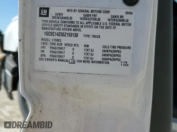 2005 Chevrolet Silverado 1500 Work Truck with VIN 1GCEC14Z05Z150138, listed as a Copart auction lot 70195914 with Not Provided miles and Salvage Title. Bid and sale history available at carsss.com. Image 12.