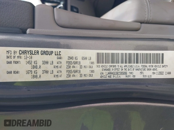 2011 Jeep Grand Cherokee Laredo with VIN 1J4RR4GG3BC595896, listed as a IAAI auction lot 42632333 with 135,426 mi miles and . Bid and sale history available at DreamBid. Image 9.