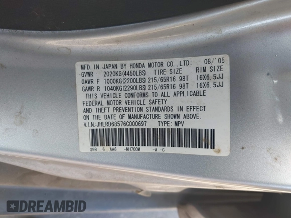 2006 Honda CR-V LX with VIN JHLRD68576C000697, listed as a IAAI auction lot 42149668 with 145,493 mi miles and . Bid and sale history available at DreamBid. Image 9.