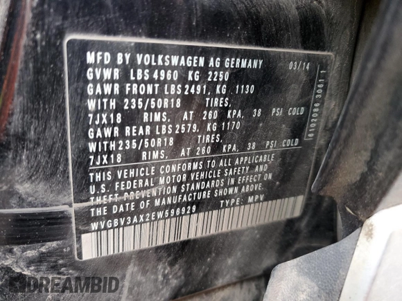 2014 Volkswagen Tiguan SEL with VIN WVGBV3AX2EW596929, listed as a Copart auction lot 46267875 with Not provided miles and Salvage title. Bid and sale history available at DreamBid. Image 13.