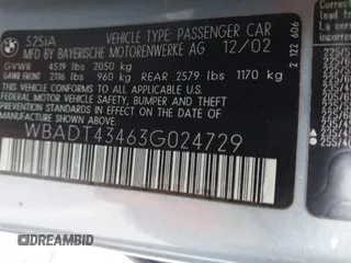 2003 BMW 5 Series 525iA with VIN WBADT43463G024729, listed as a IAAI auction lot 42032836 with 1 mi miles. Bid and sale history available at carsss.com. Image 9.