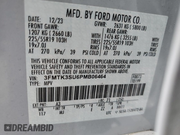 2023 Ford Mustang Mach-E Premium с VIN 3FMTK3SU6PMB06464, выставлен на аукционе Copart как лот 59789035 с пробегом 18 807 миль миль и На запчасти • Non repairable. История ставок и продаж доступна на DreamBid. Изображение 14.