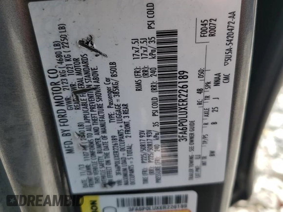 2014 Ford Fusion SE Hybrid with VIN 3FA6P0LUXER226189, listed as a Copart auction lot 59534965 with Not provided miles and Clean title. Bid and sale history available at DreamBid. Image 12.