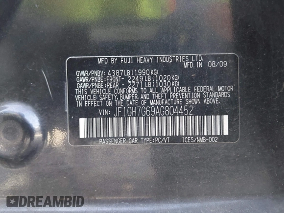 2010 Subaru WRX WRX with VIN JF1GH7G69AG804452, listed as a IAAI auction lot 42541039 with 153,989 mi miles and . Bid and sale history available at DreamBid. Image 9.