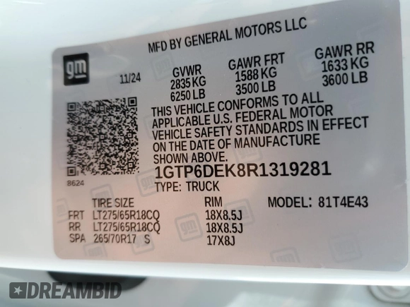 2024 GMC Canyon 4WD AT4 z VIN 1GTP6DEK8R1319281, wystawiony jako Copart lot #54380285 z przebiegiem 2383 mil mil oraz Szkody całkowita. Historia ofert i sprzedaży dostępna na DreamBid. Obrazek 12.