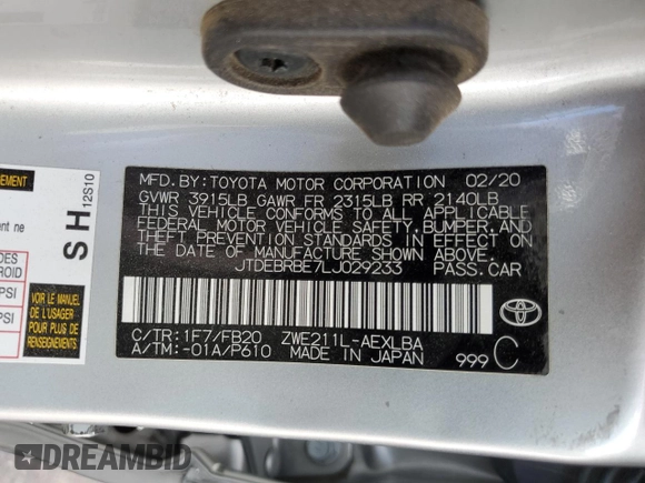 2020 Toyota Corolla Hybrid LE with VIN JTDEBRBE7LJ029233, listed as a Copart auction lot 43476165 with 118,385 mi miles and Salvage Title. Bid and sale history available at carsss.com. Image 13.