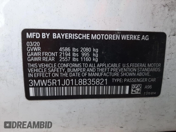 2020 BMW 3 Series 330i with VIN 3MW5R1J01L8B35821, listed as a Copart auction lot 37286413 with 32,141 mi miles and . Bid and sale history available at DreamBid. Image 12.