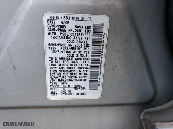2005 Nissan Murano S with VIN JN8AZ08W25W431788, listed as a Copart auction lot 80266084 with 143,849 mi miles and Salvage Title. Bid and sale history available at carsss.com. Image 14.