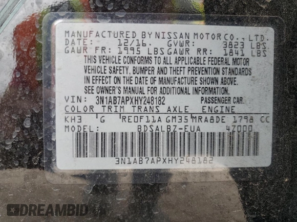2017 Nissan Sentra S with VIN 3N1AB7APXHY248182, listed as a Copart auction lot 51834855 with 94,224 mi miles and Salvage Title. Bid and sale history available at DreamBid. Image 13.