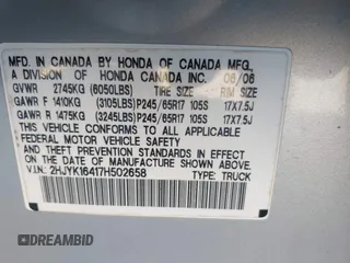 2007 Honda Ridgeline RTS with VIN 2HJYK16417H502658, listed as a IAAI auction lot 41878452 with 1 mi miles. Bid and sale history available at carsss.com. Image 9.