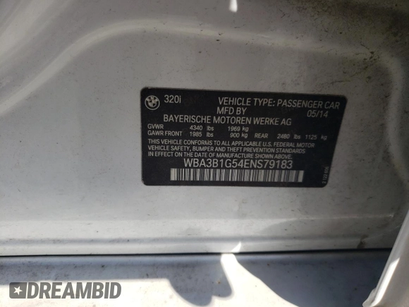 2014 BMW 3 Series 320i with VIN WBA3B1G54ENS79183, listed as a Copart auction lot 51702395 with 134,948 mi miles and Salvage Title. Bid and sale history available at carsss.com. Image 12.