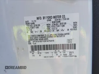 2013 Ford F-150 XL z VIN 1FTFX1EF1DFA75415, wystawiony jako IAAI lot #42658714 z przebiegiem Nie podano mil oraz . Historia ofert i sprzedaży dostępna na DreamBid. Obrazek 9.