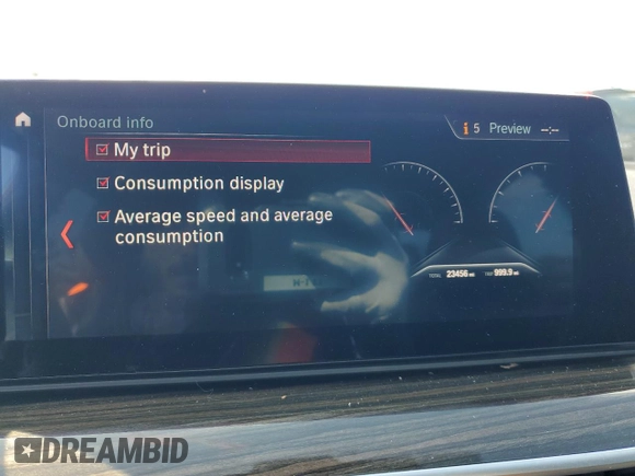 2019 BMW 5 Series 530i xDrive with VIN WBAJA7C54KWW23037, listed as a Copart auction lot 51291755 with 23,456 mi miles and Salvage Title. Bid and sale history available at DreamBid. Image 9.