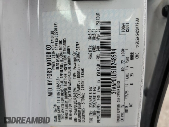 2018 Ford Fusion SE z VIN 3FA6P0LU5JR248594, wystawiony jako Copart lot #56056775 z przebiegiem Nie podano mil oraz Szkoda całkowita • Salvage title. Historia ofert i sprzedaży dostępna na DreamBid. Obrazek 12.