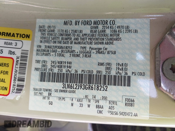 2016 Lincoln MKZ with VIN 3LN6L2J93GR618252, listed as a IAAI auction lot 41890213 with 96,414 mi miles and . Bid and sale history available at DreamBid. Image 9.