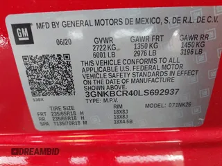 2020 Chevrolet Blazer LT with VIN 3GNKBCR40LS692937, listed as a IAAI auction lot 42258497 with 21,256 mi miles and . Bid and sale history available at DreamBid. Image 9.