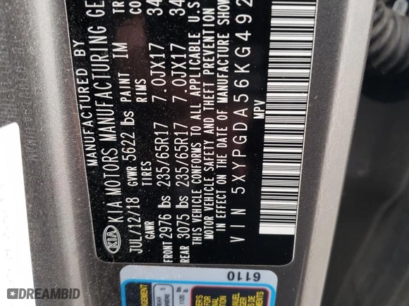 2019 Kia Sorento LX V6 with VIN 5XYPGDA56KG492803, listed as a Copart auction lot 44218295 with 0 mi miles and Salvage Title. Bid and sale history available at carsss.com. Image 14.