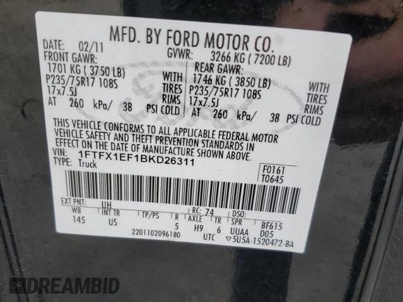 2011 Ford F-150 XL with VIN 1FTFX1EF1BKD26311, listed as a Copart auction lot 56501705 with 240,654 mi miles and Clean Title. Bid and sale history available at DreamBid. Image 12.