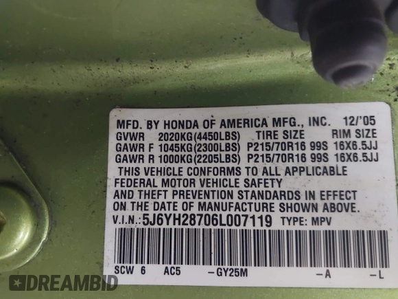 2006 Honda Element EX-P with VIN 5J6YH28706L007119, listed as a IAAI auction lot 42050341 with 207,180 mi miles and . Bid and sale history available at DreamBid. Image 9.