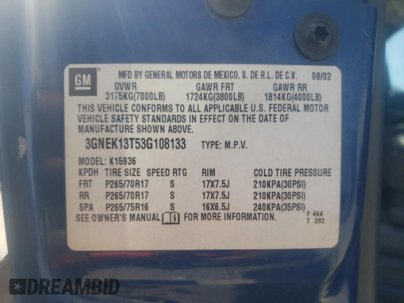 2003 Chevrolet Avalanche with VIN 3GNEK13T53G108133, listed as a Copart auction lot 70569734 with 362,578 mi miles and Salvage Title. Bid and sale history available at carsss.com. Image 14.