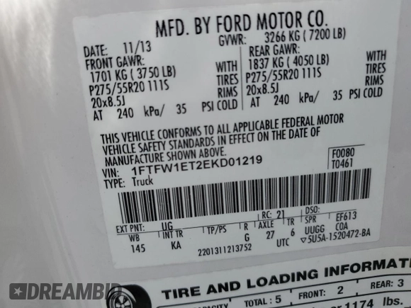 2014 Ford F-150 XL with VIN 1FTFW1ET2EKD01219, listed as a Copart auction lot 56361695 with 209,537 mi miles and Clean title. Bid and sale history available at DreamBid. Image 12.