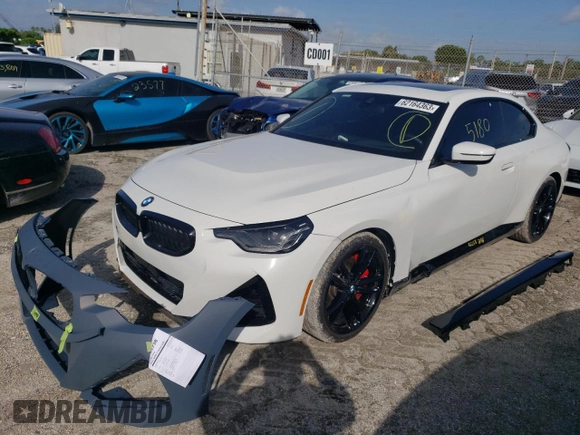 2023 BMW 2 Series 230i with VIN 3MW23CM06P8D27432, listed as a Copart auction lot 62164363 with 5,180 mi miles. Bid and sale history available at carsss.com. Image 1.