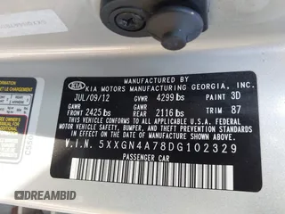 2013 Kia Optima EX with VIN 5XXGN4A78DG102329, listed as a IAAI auction lot 41776758 with 109,724 mi miles and . Bid and sale history available at DreamBid. Image 9.