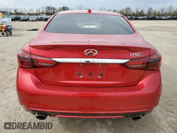 2020 Infiniti Q50 Red Sport 400 with VIN JN1FV7AP4LM630619, listed as a Copart auction lot 89322685 with 49,573 mi miles and Salvage title. Bid and sale history available at DreamBid. Image 6.