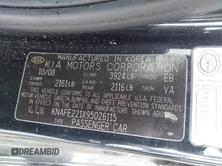 2009 Kia Spectra EX with VIN KNAFE221X95026115, listed as a IAAI auction lot 41967784 with 177,695 mi miles. Bid and sale history available at carsss.com. Image 9.