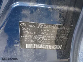 2019 Hyundai Sonata Sport with VIN 5NPE34AF0KH771734, listed as a IAAI auction lot 41277557 with 58,092 mi miles. Bid and sale history available at carsss.com. Image 9.