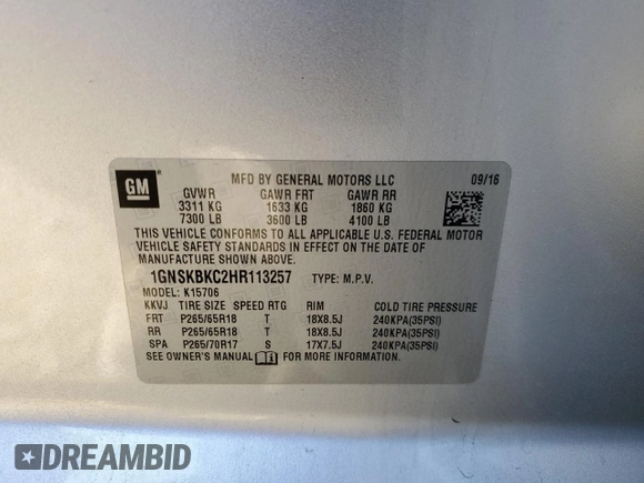 2017 Chevrolet Tahoe LT with VIN 1GNSKBKC2HR113257, listed as a Copart auction lot 86961484 with 158,909 mi miles and Salvage Title. Bid and sale history available at DreamBid. Image 13.