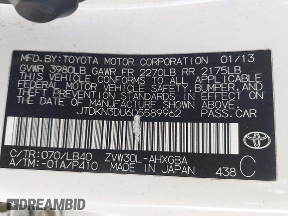 2013 Toyota Prius One with VIN JTDKN3DU6D5589962, listed as a IAAI auction lot 41929274 with 156,484 mi miles. Bid and sale history available at carsss.com. Image 9.