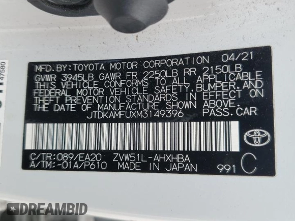 2021 Toyota Prius L Eco with VIN JTDKAMFUXM3149396, listed as a Copart auction lot 61874195 with 126,473 mi miles and Salvage title. Bid and sale history available at DreamBid. Image 13.