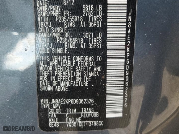 2013 Nissan Quest SV with VIN JN8AE2KP6D9062326, listed as a Copart auction lot 66538104 with 172,849 mi miles and Non Repairable. Bid and sale history available at carsss.com. Image 13.