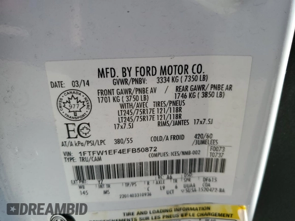 2014 Ford F-150 XL with VIN 1FTFW1EF4EFB50872, listed as a Copart auction lot 46918995 with 164,418 mi miles and Salvage Title. Bid and sale history available at carsss.com. Image 14.