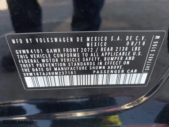 2017 Volkswagen Jetta 1.4T S with VIN 3VW167AJ6HM237181, listed as a IAAI auction lot 41460552 with 89,657 mi miles. Bid and sale history available at carsss.com. Image 9.